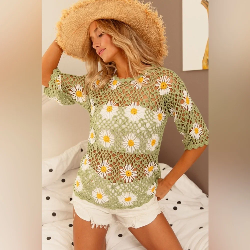FLORAL SHORT SLEEVE CROCHET TOP BOHEMIAN STYLE BLOUSE BY BiBi - Picture 4 of 6